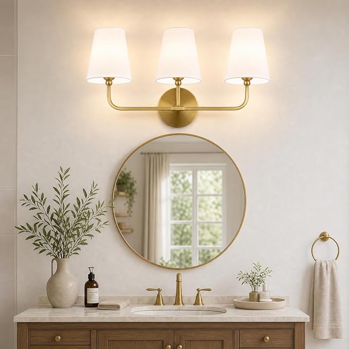 Bathroom Light Fixtures,3-Light Brushed Gold Vanity Lights,Lighting Fixtures Over Mirror with White Flared Fabric Shade,Modern Wall Sconce for Bathroom,Bedroom,Living Room,E26 Socket