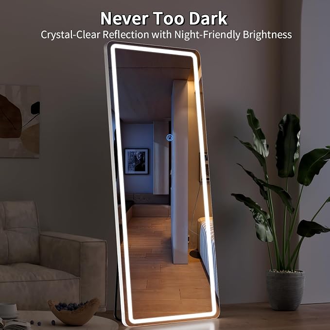 Koonmi Full Length Mirror with LED Lights, 71"x26" Lighted Mirror with Dimming & 3 Color Lighting, Big Mirror for Bedroom, Dressing Room, Rectangle,White