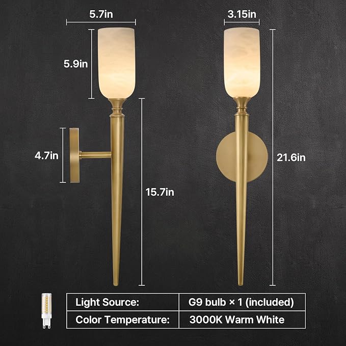 21.6" Natural Alabaster Sconce, Vintage Brass Marble Wall Light | Natural Spanish Alabaster, Vintage Inspired Design, Unique Marble Veining, Elegant Brass Finish, Statement Indoor Wall Accent