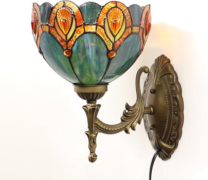 Tiffany Sconce Lamp Stained Glass Wall Lamp,8X10.5X11 Inch Plug in Wall Bedside Light for Hallway Bedroom (Peacock Crystal)
