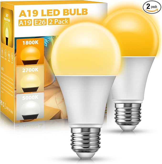 JandCase LED Light Bulbs, 3 Color Temperature(1800K/2700K/5000K), 9W LED Light Bulb 60W Equivalent, Energy Saving, A19 E26 Base Light Bulb for Kitchen, Bedroom, Nursery,Living Room, 2 Pack