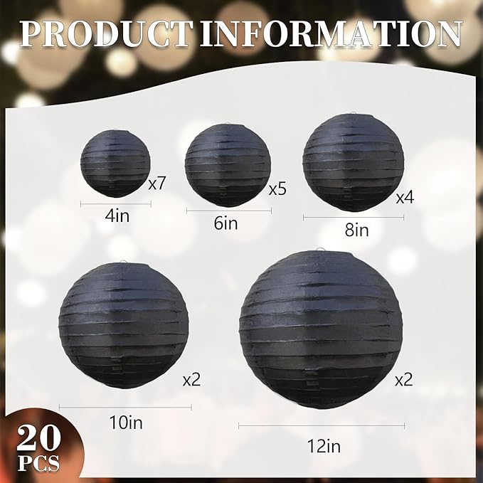 20Pcs Black Paper Lanterns for Parties, 6” 8” 10” 12” Chinese Asian Hanging Round Paper Lanterns for Birthday Wedding Halloween Christmas Home Decor Party Decor