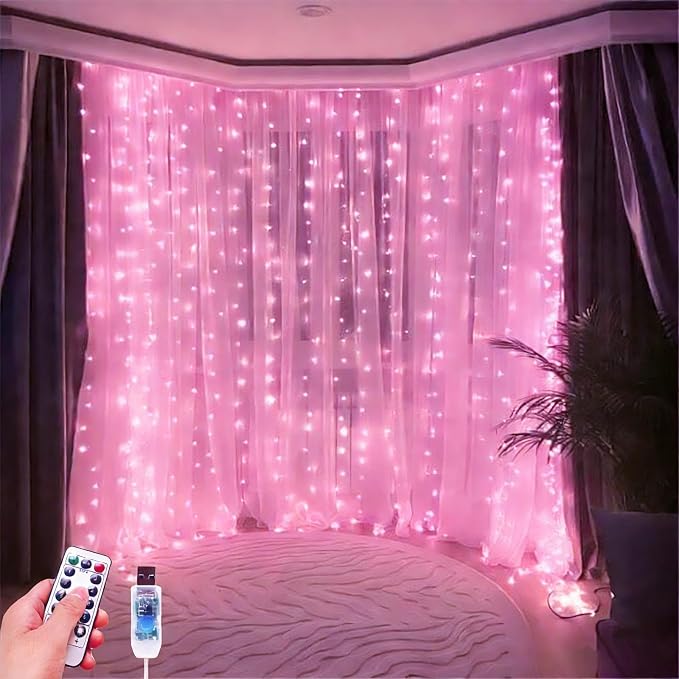 300 LED Fairy Curtain Lights, 9.8 x 9.8FT Pink USB Plug in 8 Modes Hanging Lights with Remote for Christmas, Bedroom, Indoor, Outdoor, Weddings, Party (Pink)