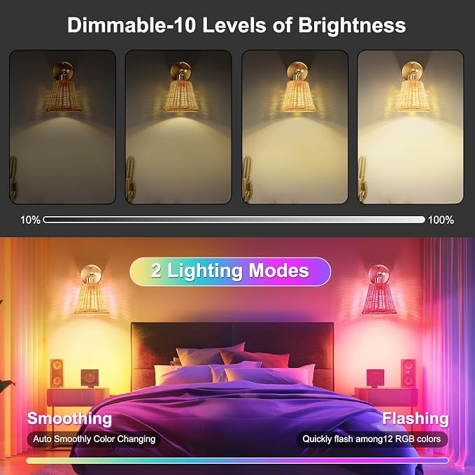 Frideko Rattan Rechargeable Wall Sconces Set of Two with Remote, RGB 15 Colors Dimmable Battery Operated Wall Lights, Indoor Wireless Wall Lamp with 3 Timer, Farmhouse Boho Sconce Light for Bedroom