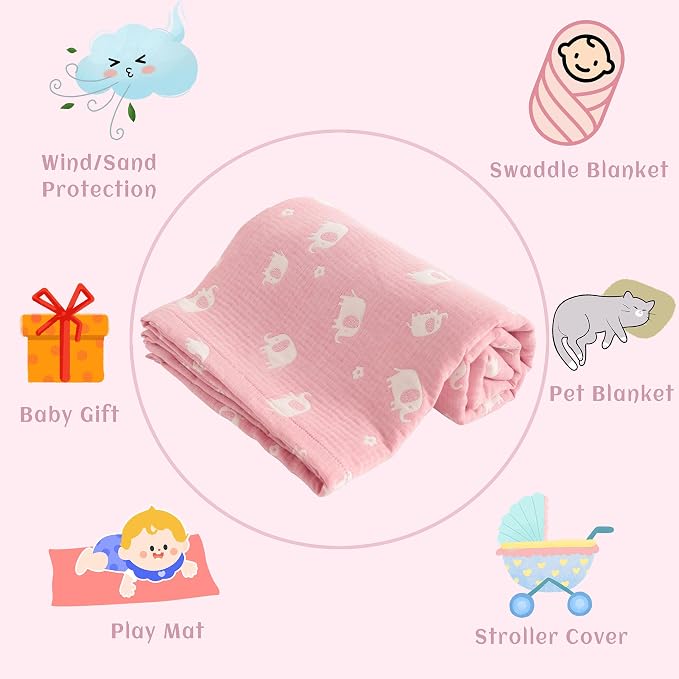 NTBAY 3 Layer Muslin Toddler Blanket, 30 x 40, Pink Elephant | Breathable Muslin Cotton Outer Layers with Light Thermal Fill, Reversible for Stroller, Daycare, Travel, and Supervised Use
