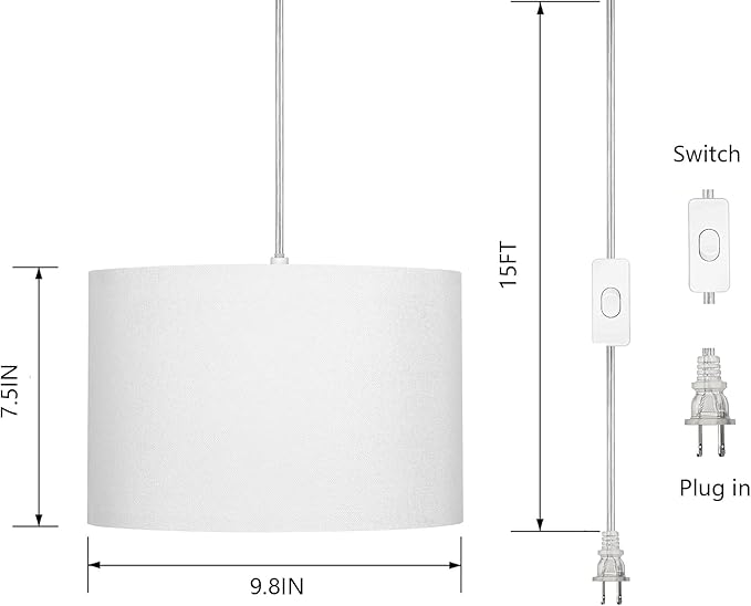 15FT Plug in Pendant Light, Hanging lamp with Switch,White Hanging Lights with Plug in Cord, Pendant Lamp with Remote Control，Pendant Light Fixture for Living Room Bedroom Farmhouse