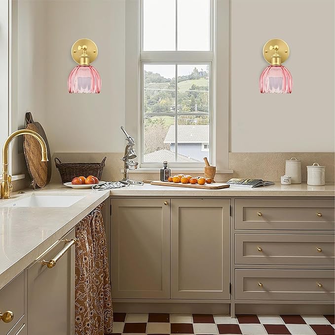 Vintage Battery Operated Wall Sconce, Pink Tulip Glass Lampshade Wireless Rechargeable Battery Powered LED Wall Light with Remote Dimmable for Bedside Bedroom Doorway Living Room, Set of 2