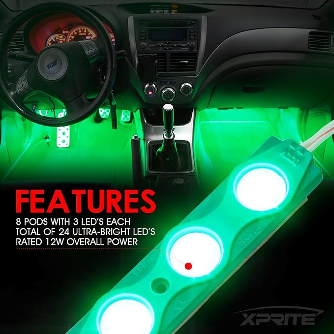 Xprite Green LED Truck Bed Light Kits with On/Off Switch, for Pickup Exterior Interior Lights Strips, Footwells, Running Boards, Cargo, Under Car, Tonneau Cover, Rail Rock Lighting - 8 PCs