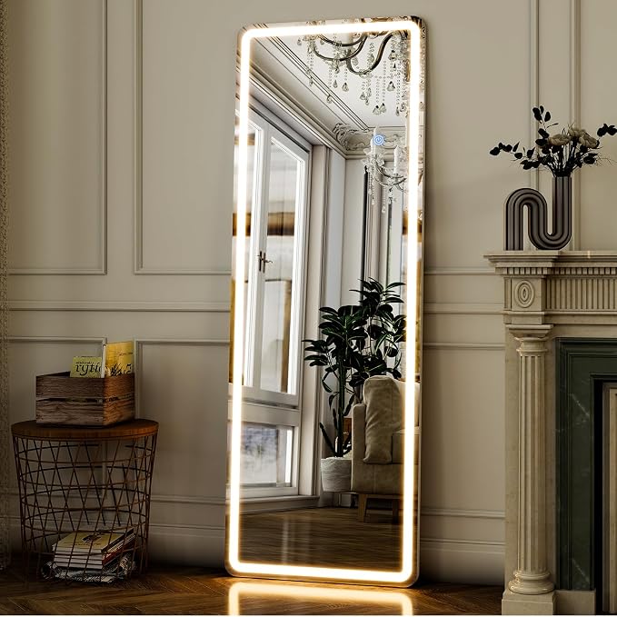 56" x 20" Full Length Mirror, LED Lighted Floor Standing Mirror | Dimming & 3 Color Lighting and Shatterproof Tempered Glass Wall Hanging or Leaning Full Body Mirror for Bedroom/Home Decor