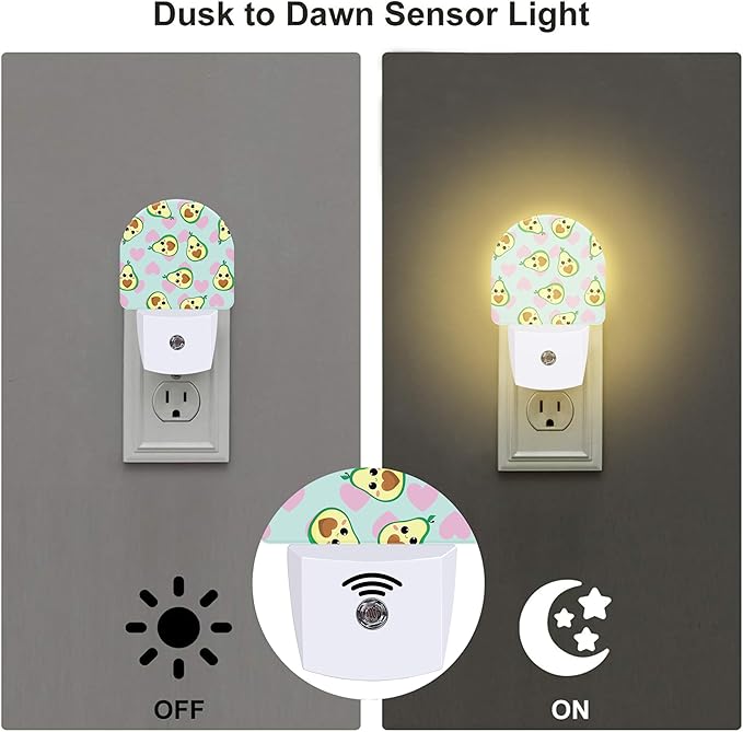 Avocado and Pink Hearts Night Light for Kids,Cute Cartoon Avocados Plug in Night Light with Dusk to Dawn Sensor, 0.5w Energy Saving Nightlight for Hallway Stairway Kitchen Bedroom