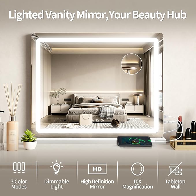 ROLOVE 23"x 18" Large Vanity Mirror with Lights, LED Makeup Mirror for Dresser and Desk, 10X Magnification, Dimmable Touch Control, Wall Mounted or Tabletop Mirror for Bedroom (White)