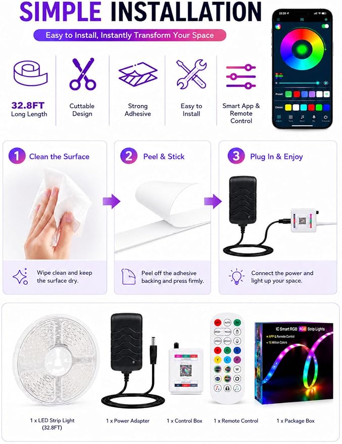 MFWW 32.8ft RGB+IC LED Strip Lights, LED Lights for Bedroom, Smart Control | DIY Multiple Colors on One Line, App+Remote Control, Timer, Music Sync, Color Changing Lights for Party Home Decor