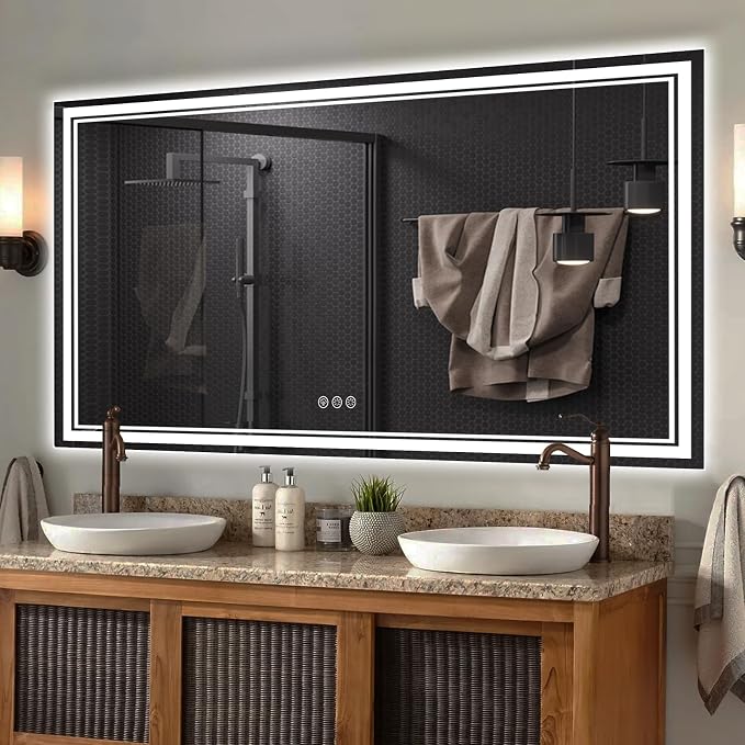Ratsamee 60x40 Inch LED Bathroom Mirror with Frontlit & Backlit, Lighted Mirror for Bathroom Wall with 3-Color Dimmable & Anti-Fog, Vanity Mirror with Lights