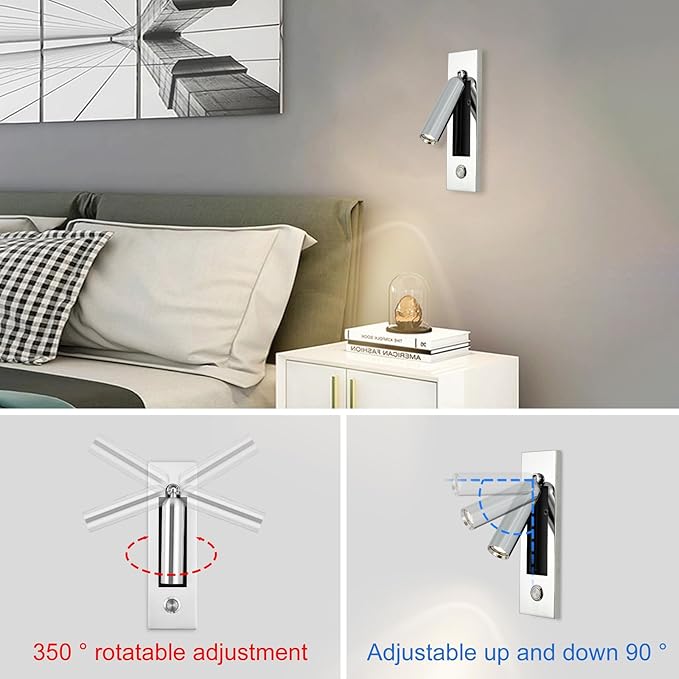 LED Bedroom Lamp Headboard Wall Light Sconce, Bedside Reading Light Recessed Push Switch Wall Lamps, Hotel Bed Side Decorative Wall Sconces Spotlight, 360° Rotatable 92° Foldable (Chrome)