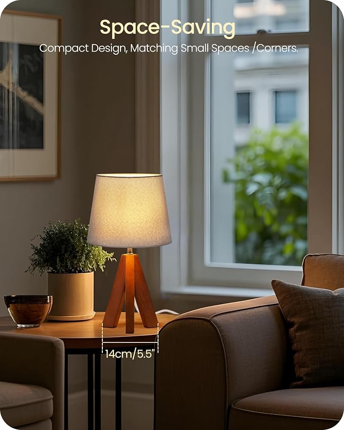 Tripod Table Lamp, 14.6" Small Bedside Lamp with Gray Linen Shade & Dark Wood Base, Modern Nightstand Lamp for Bedroom, Kids Room, Living Room, Nursery, Office, E26 Socket, LH51TL05