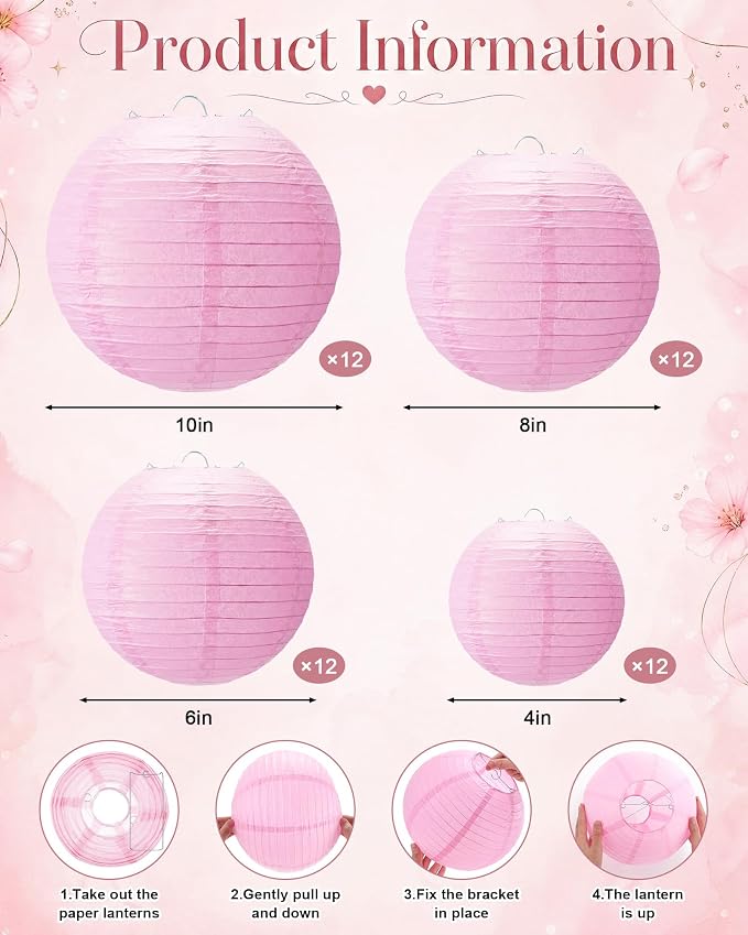 Treela 48 Pcs Paper Lanterns Party Decorations Chinese Round Paper Decor 4/6/8/10 Inch Asian Hanging Lamps Decorative for Graduate Wedding Birthday Party Bridal Parties Supplies (Pink)