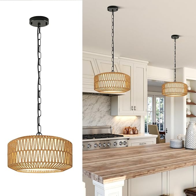 9"-52" Height Adjustable Farmhouse Chandelier Light Fixture, 1-Light Rattan Boho Chandeliers for Dining Room, Hand Woven Pendant Light with Linen Shade, Rustic Hanging Lighting for Kitchen Island