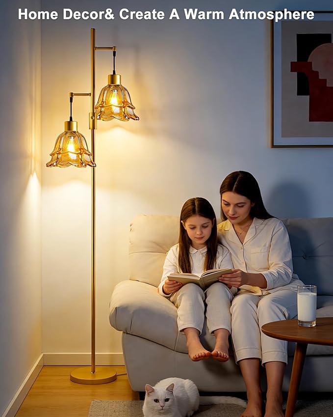 Lightdot 65IN Gold Flower Floor Lamp for Living Room, 2- Light Dimmable Floor Lamps with Brown Glass Lampshade, 3000K Warm White Modern Standing Tall Lamp for Bedroom Sofa Beside Corner Decor