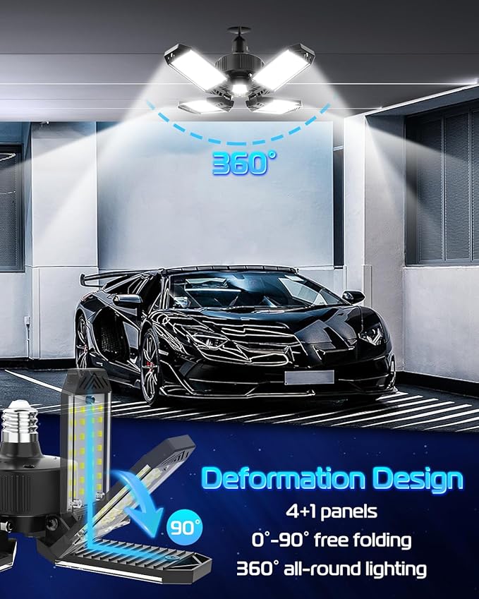 LED Garage Light - 6 Pack 130W 13000LM Deformable 4+1 Panel LED Garage Ceiling Lights with Transformer, E26/27 Base, 6500K Daylight White Shop Lights for Factory, Storage Room, Warehouse