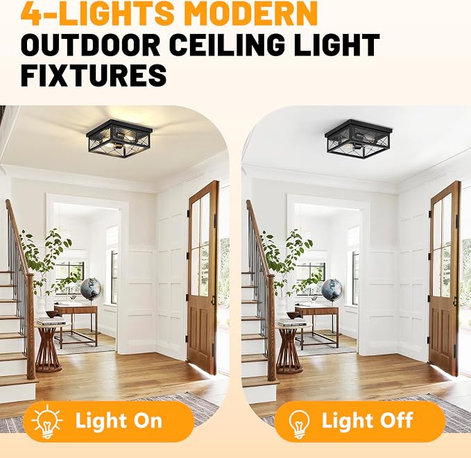 Asnxcju 12" Square Flush Mount Ceiling Light with Clear Glass Shade, 4-Light Farmhouse Outdoor Porch Ceiling Light Fixtures, Black Hallway Light Fixtures Mount for Garage Living Room Foyer