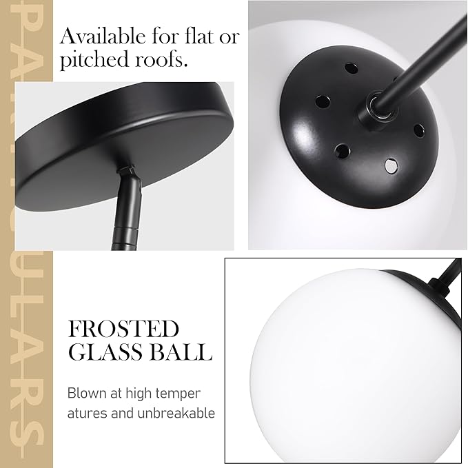 8" Globe Pendant Light Black 2 Pack Mid Century Pendant Light Globe Pendant Lights Kitchen Island Matte Black Finished with Milk Glass Adjustable Ceiling Light Fixtures for Dining Room Bar