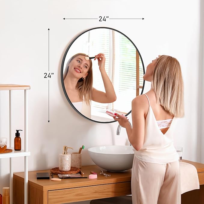 NEWBULIG Black Round Wall Mirror 24 Inch, Bathroom Mirrors for Over Sink, Wall Decor for Bathroom, Entryway, Bedroom, Vanity