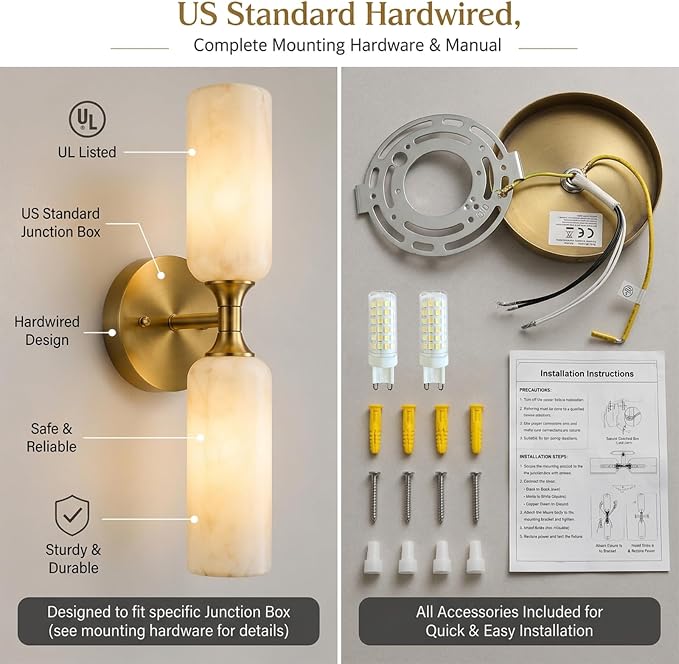Alabaster Wall Sconces Set of 2, 20in 3-Color Changing Spanish Natural Marble Wall Sconce, Hardwired Brass Gold LED Wall Fixture for Bathroom, Bedroom, Living Room, Hallway, Staircase