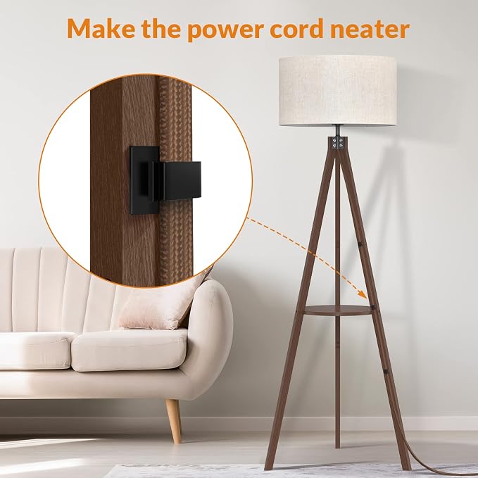 LEPOWER Shelf Floor Lamp Tripod Mid Century Modern Lamps for Living Room | Light-Diffusing Linen Shade, Premium Rubberwood, E26 Base, Foot Switch, Adding Warmth to Bedroom, Office & Study Corner Dark