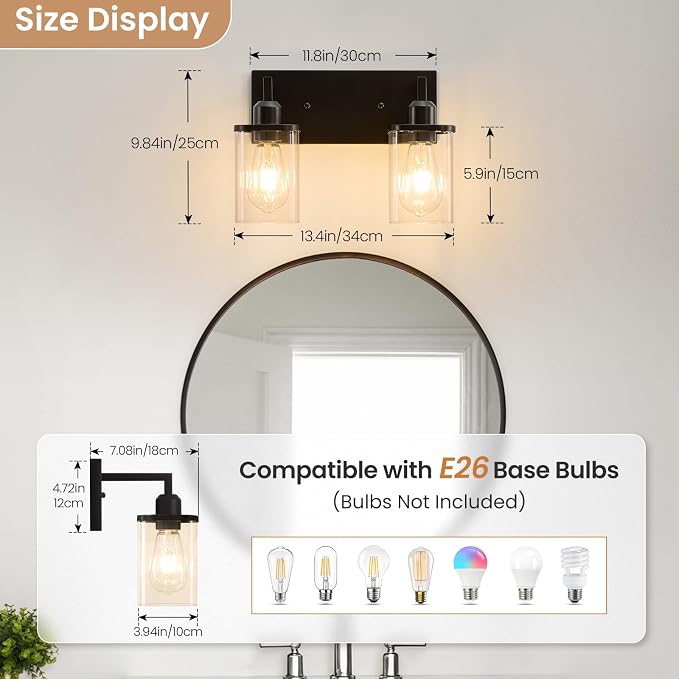 2-Light Bathroom Light Fixtures, Black Vanity Lights for Bathroom with Clear Glass Shade, Bathroom Lights Over Mirror, Modern Bath Wall Mounted Lamp for Living Room, Bedroom, Porch