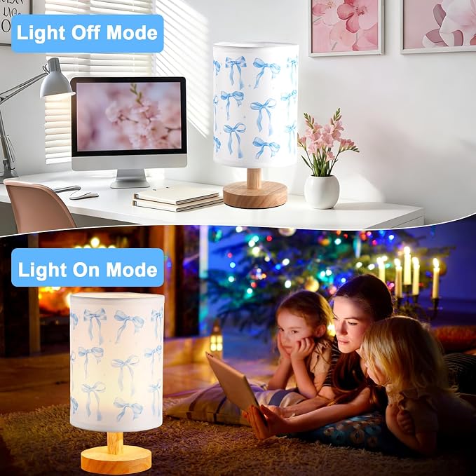 Lonfliness Blue Bow Kids Table Lamp Kids Bedside Lamp Bedroom LED Night Light with Linen Wooden Nightstand Cartoon Nursery Lampshade for Girls Boys Living Room
