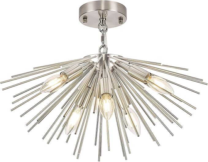 Nickel Sputnik Chandelier 6-Light Starburst Chandelier Ceiling Light Mid Century Modern Satellite Light Fixture Solid Metal Urchin Chandeliers for Entry Dining Room Kitchen Sink Bathtub