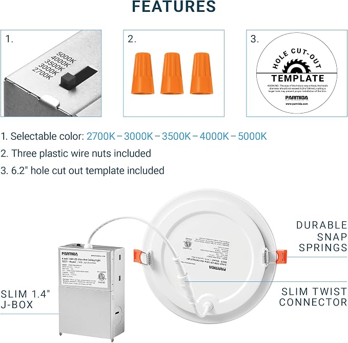 PARMIDA (16 Pack) 6 Inch Dimmable 5CCT Ultra-Thin LED Recessed Ceiling Light with Junction Box, 5 Color Selectable 2700K/3000K/3500K/4000K/5000K, 12W, Canless Wafer Slim Panel Downlight, IC Rated, ETL