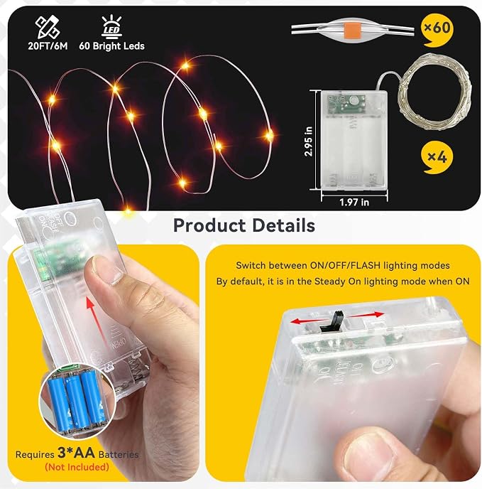 LitHome 4 Pack Orange Fairy Lights Battery Operated, Each 20 FT 60 LED | Halloween Twinkle Lights Battery Operated 2 Modes, Waterproof Fairy String Light for Party Wreath Garland Table Decor