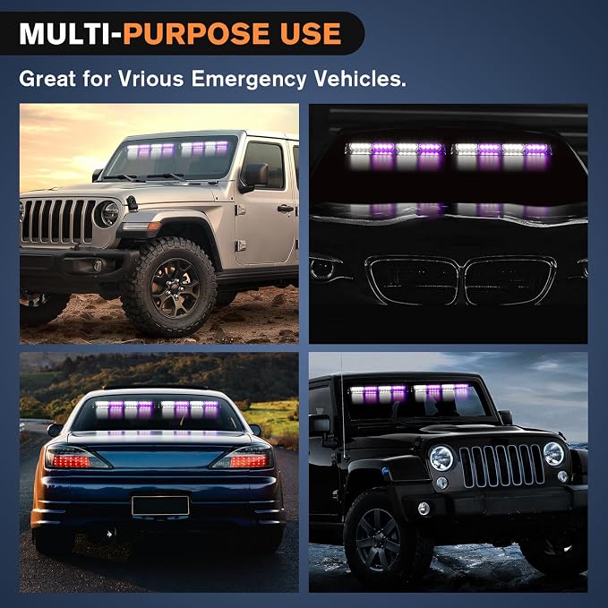 Nilight 32LED Purple White Emergency Dash Strobe Lights with Controller | Suction Cups Warning Hazard Interior Front/Rear Windshield Deck Split Light Bar for Trucks Construction Vehicles