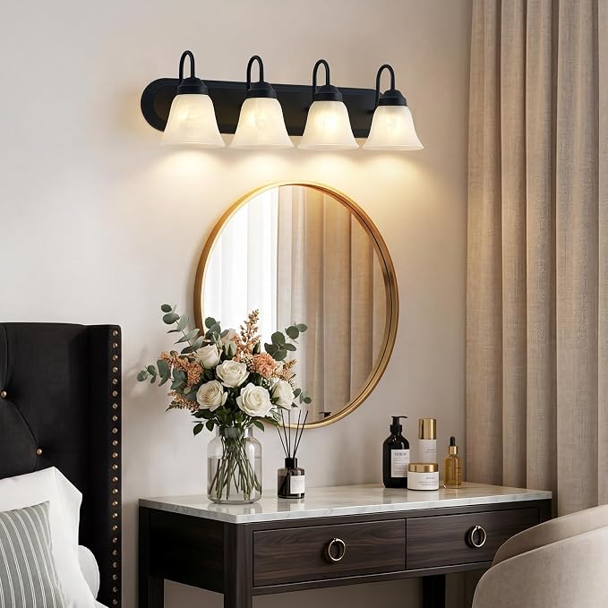 EJIAXIN 4-Light Bathroom Light Fixtures Over Mirror, Matte Black Modern Vanity Lights for Bathroom, Vanity Lighting Fixtures with E26 Base for Mirror Living Room Bedroom Cabinet