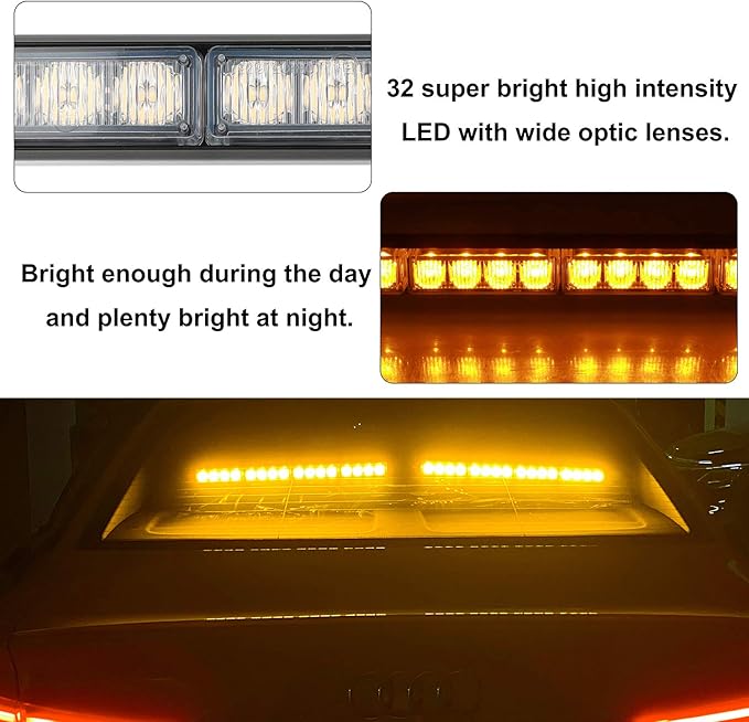 ASPL 2x16.8 inch Emergency Flashing LED Traffic Advisor Strobe Light Bar 32LED 26 Flash Patterns Interior Safety Warning Lights (Amber)