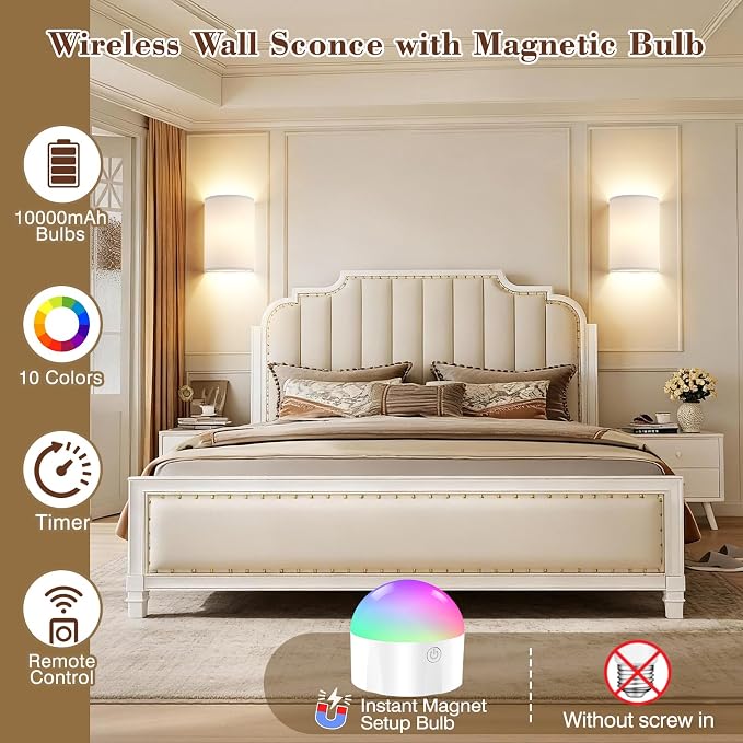 Battery Operated Wall Sconce Set of Two: 10000mAh Wireless Wall Light with Rechargeable Magnetic Bulb - Dimmable Wall Lamp with 7 RGB Colors - Linen Shade Sconces with Remote for Bedroom Living Room | Wireless Wall Light with Magnetic Bulb - Dimmable 7...