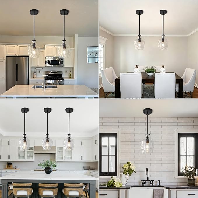 Black Pendant Lights Kitchen Island 2 Pack, Modern Hammered Glass Kitchen Pendant Lighting Over Island, Adjustable Hanging Island Lights for Kitchen, Sink, Entryway