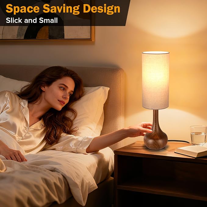 Mid Century Modern Walnut Wood Grain Table Lamp, Touch Control & 3-Way Dimmable, Space-Saving Design, Vintage Bedside Lamp for Bedroom, Living Room, Office (LED Bulb Included)