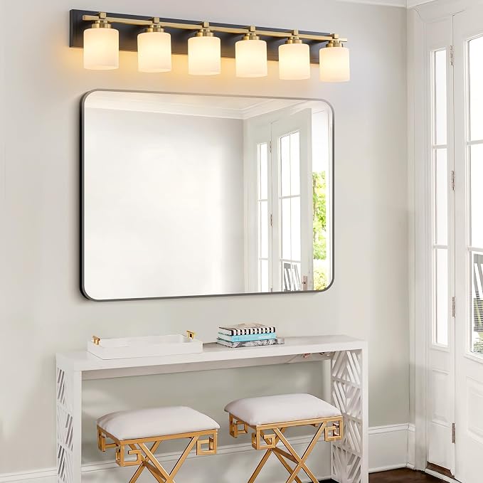 Modern Bathroom Light Fixtures Over Mirror, Vanity Lights for Bathroom Wall Sconces with Milky White Glass Shades, E26 Socket (Bulbs Not Included), 6 Light, Black Gold
