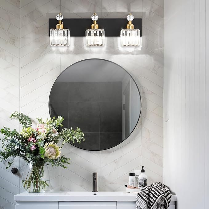 PRESDE 3-Light Crystal Bathroom Vanity Lights Black and Gold Bathroom Lights Fixtures Over Mirror Modern Bath wall Lighting
