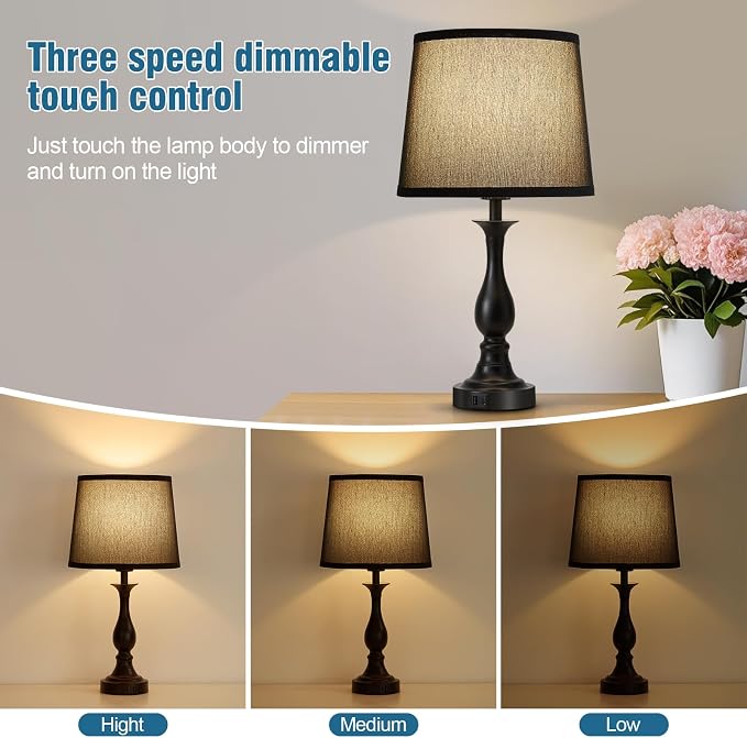 Bedside Table Lamp Touch Control Bedroom Lamps with USB A + C Charging Port 3 Way Dimmable Touch Lamps for Nightstand Living Room Bedroom Dorm Home Office Reading, Set of 2 (Black Shade & Black Base)