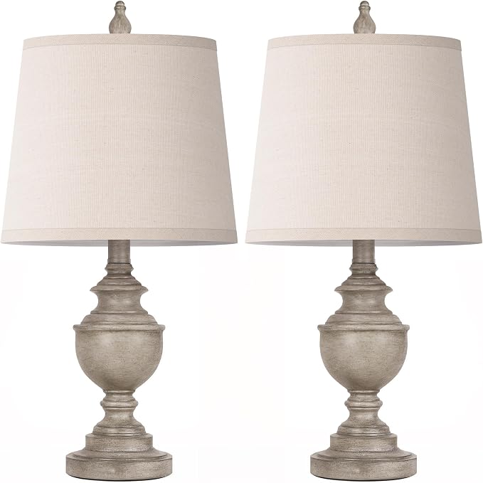 Retro Table Lamps Set of 2, Bedside Lamp for Bedroom Rustic Farmhouse Table Lamps for Living Room, 22" Vintage Nightstand Lamps with White Shades, Antique Grey
