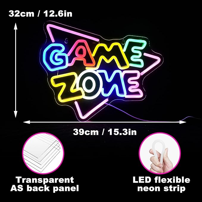 Game Zone Neon Sign LED Colorful Gaming Room Neon Light for Wall Decor Dimmable USB Game Neon Signs for Gamer Man Cave Bedroom Boys Gift（15.4’’X12.6’’）