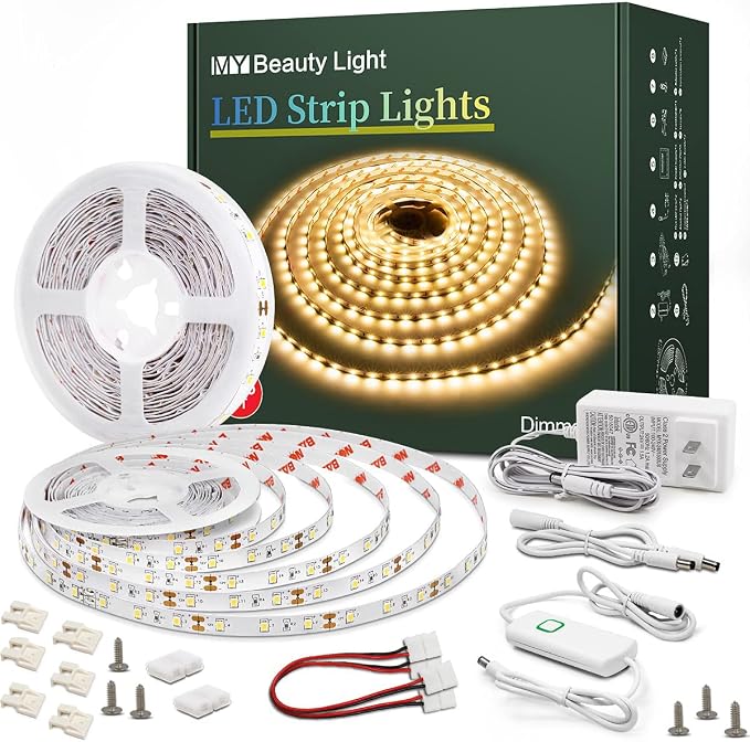 Led Strip Lights 65.6ft Warm White Dimmable Led Light Strip Flexible Rope Lights Kits with 24v Etl Power Supply, Adhesive Clips, Dimmer Switch and Connectors for Indoor Decor