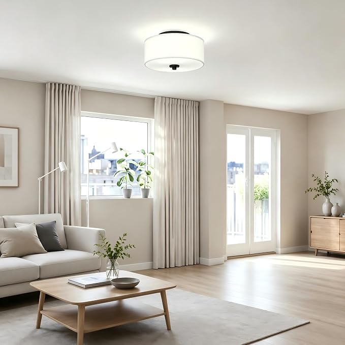 2-Light Flush Mount Ceiling Light Fixture, 12” Modern Close to Ceiling Light with White Fabric Drum Shade, Round Ceiling Light for Bedroom Hallway Living Room Bathroom Dining Kitchen | Modern Close to Ceiling Light,White fabric shade,E26,Great for comp...