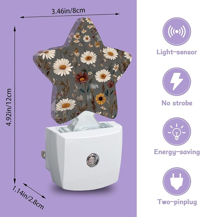 Brown Flowers Night Lights Plug Into Wall,White Floral Dusk to Dawn Light Sensor Night Light for Kids,Energy Efficient Sleep Friendly Lamp for Bedroom Bathroom Nursery