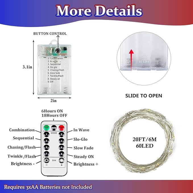 4Pack 80FT 240LED Red White and Blue Fairy Lights Battery Operated with Remote | 4th of July Decorations Twinkle Lights with Timer | American Flag Light for Independence Day Patriotism Decorations