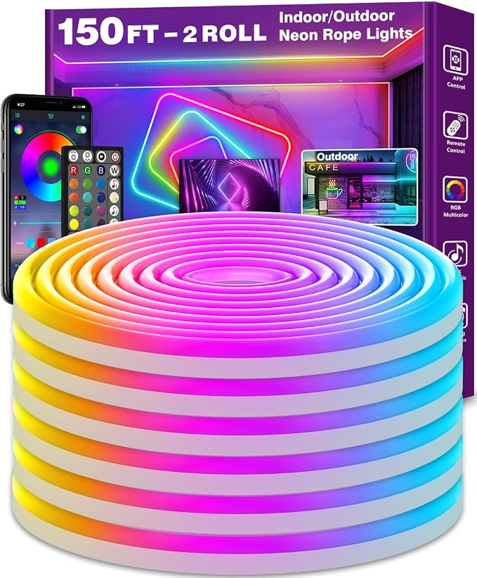 AILBTON 150Ft Neon Rope Lights,Flexible Led Rope Lights Control with App/Remote,Multiple Modes Music Sync Gaming RGB Led Neon Lights for Bedroom Outdoor
