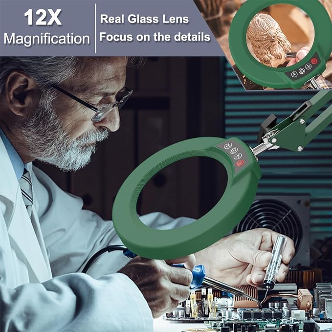 12X Magnifying Glass with Light and Stand, Upgrade Button 5 Color Modes Stepless Dimmable, 2-in-1 LED Lighted Magnifier Light, Hands Free Desk Lamp with Clamp for Craft Hobby Close Work - Green